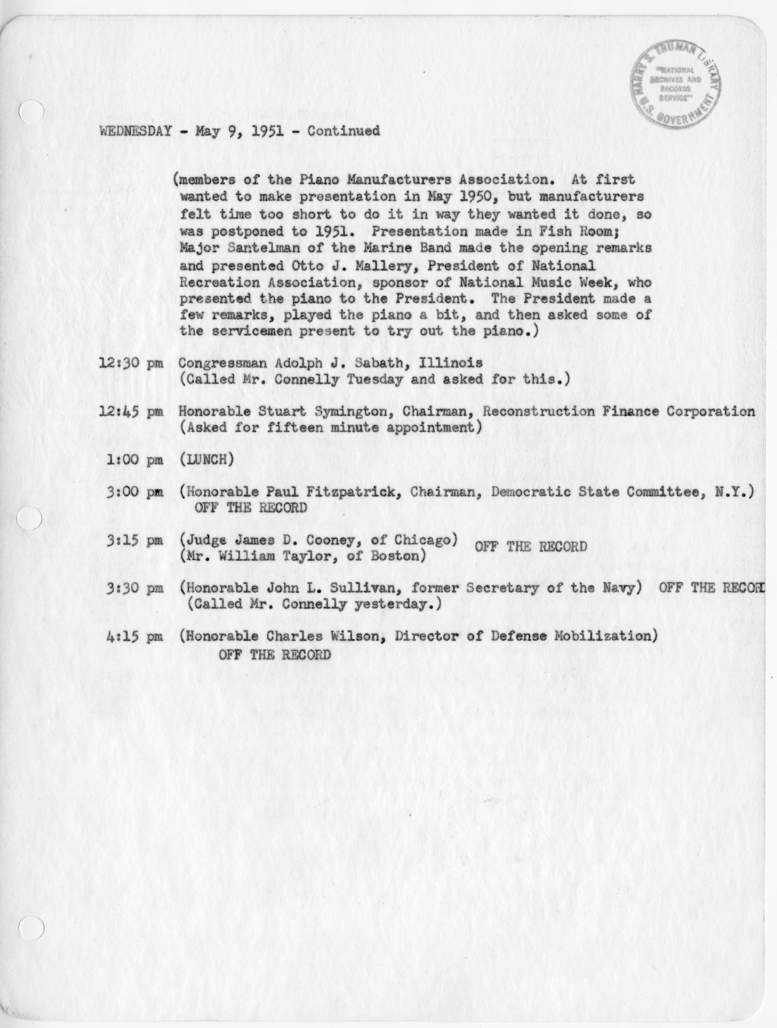 Daily Appointment Sheet for President Harry S. Truman