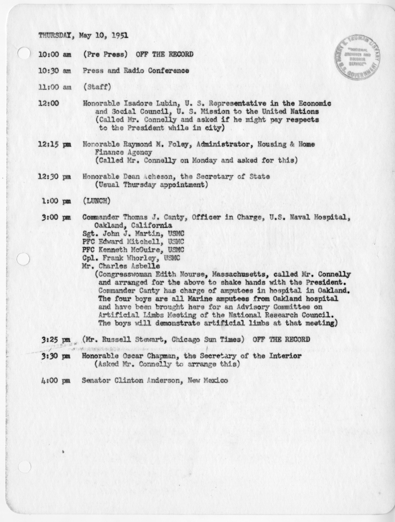 Daily Appointment Sheet for President Harry S. Truman