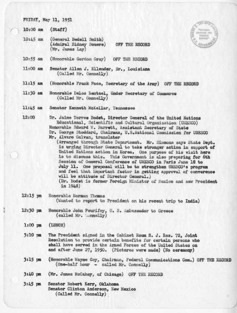 Daily Appointment Sheet for President Harry S. Truman