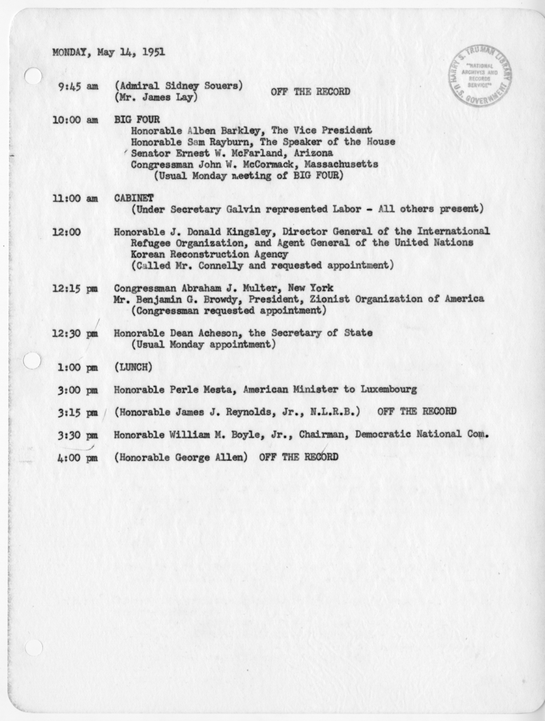 Daily Appointment Sheet for President Harry S. Truman