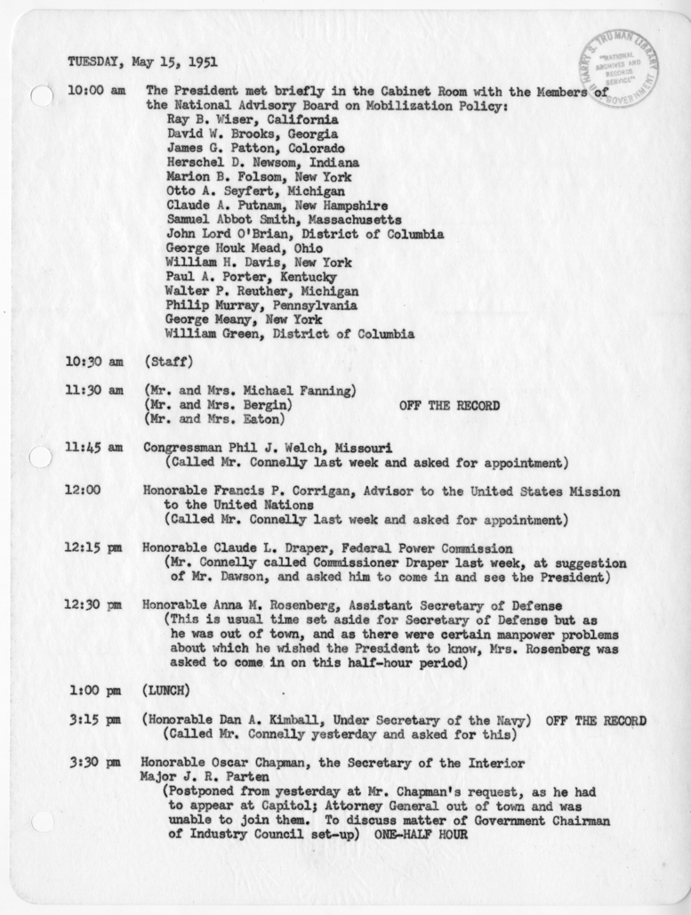Daily Appointment Sheet for President Harry S. Truman
