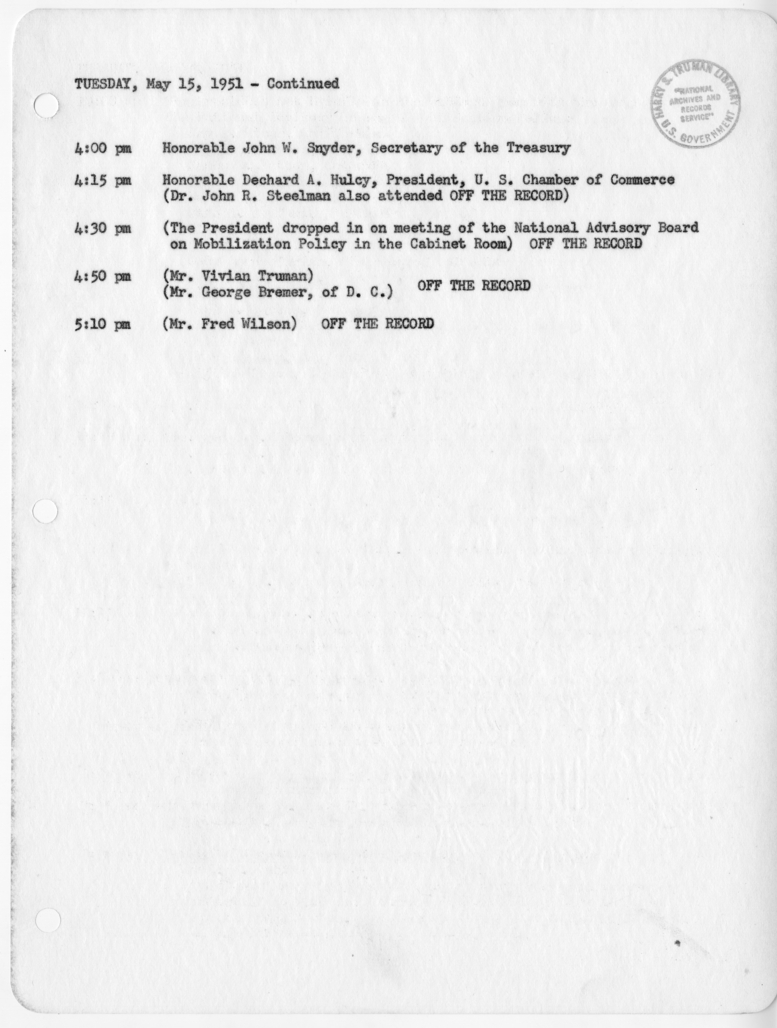 Daily Appointment Sheet for President Harry S. Truman