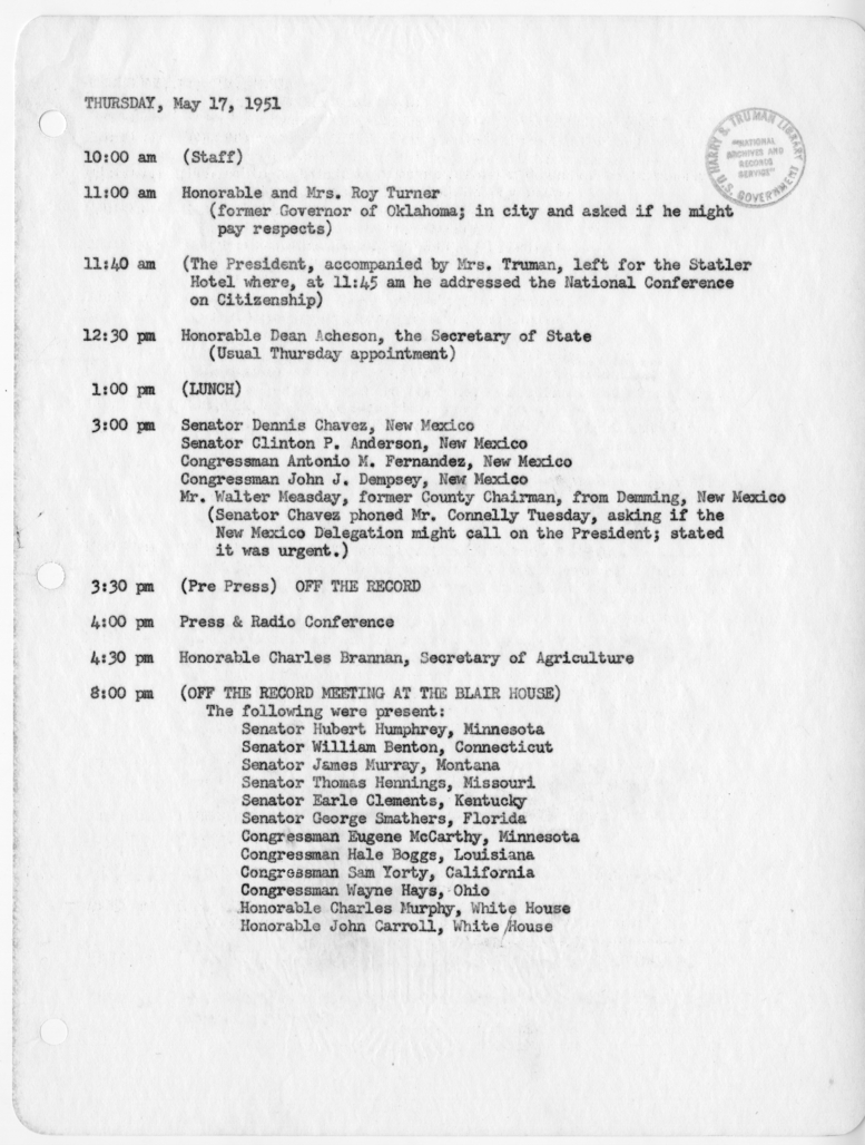 Daily Appointment Sheet for President Harry S. Truman