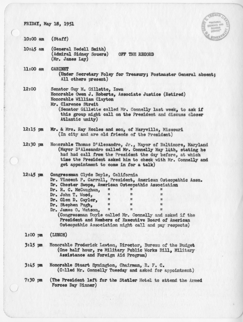 Daily Appointment Sheet for President Harry S. Truman