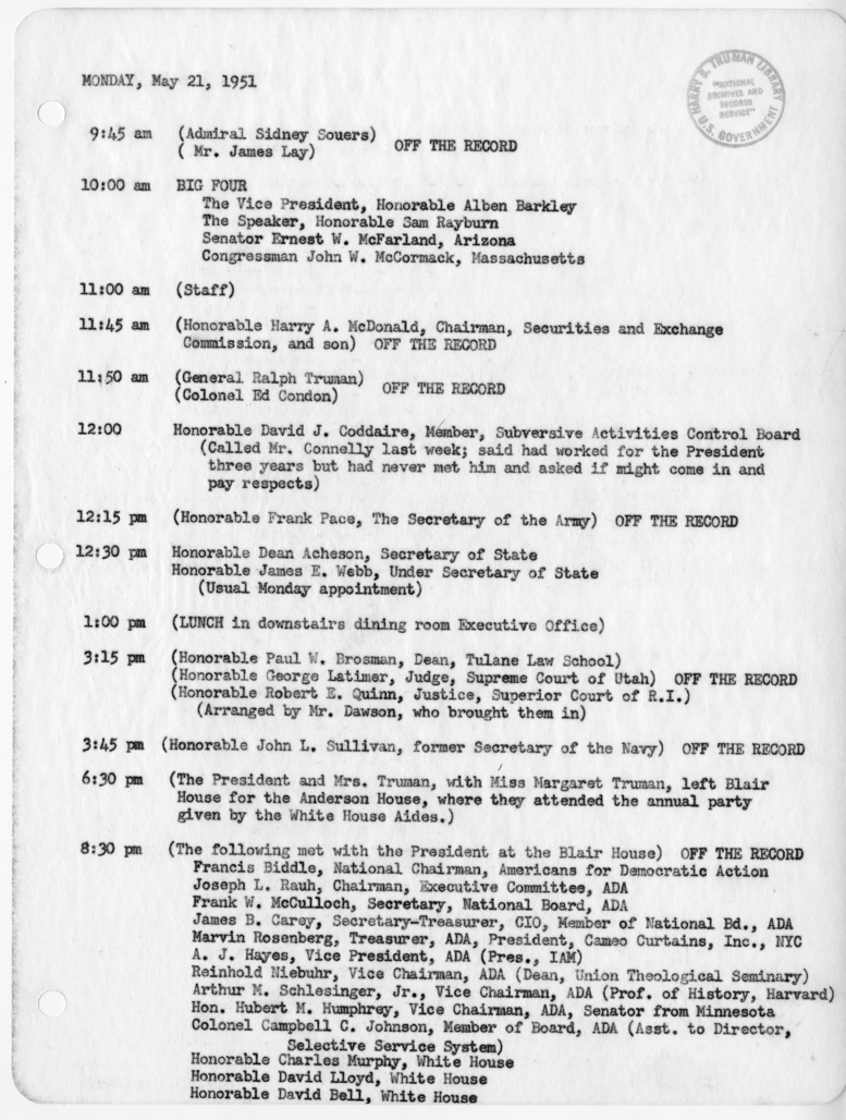 Daily Appointment Sheet for President Harry S. Truman