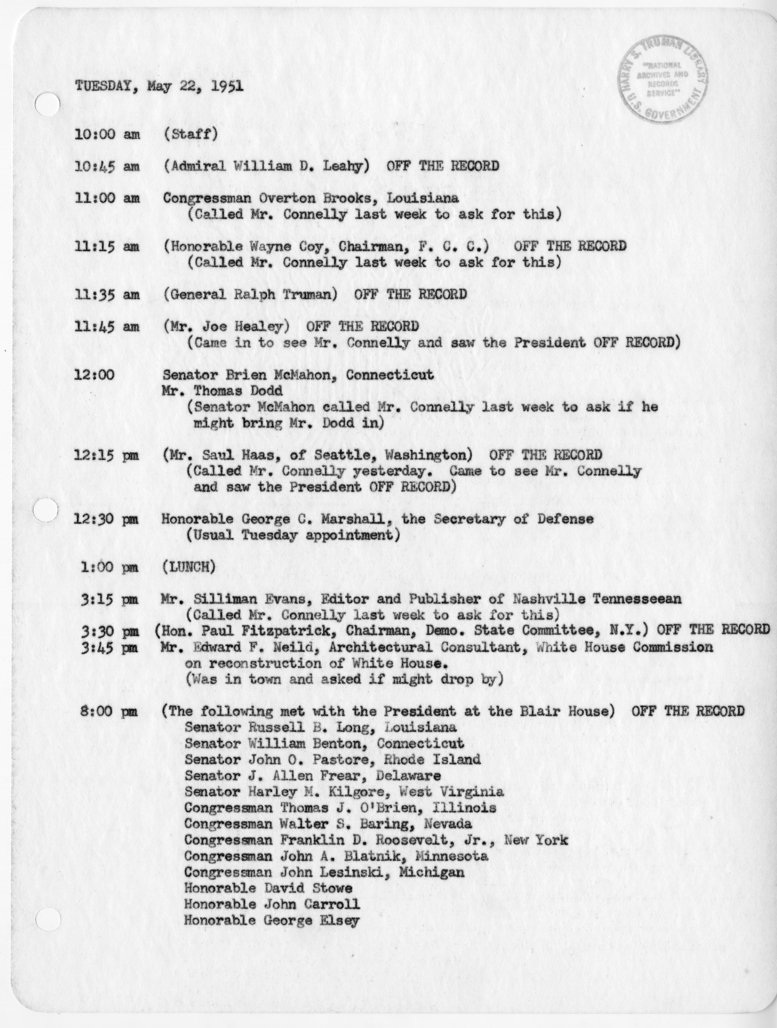 Daily Appointment Sheet for President Harry S. Truman