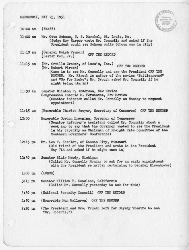 Daily Appointment Sheet for President Harry S. Truman