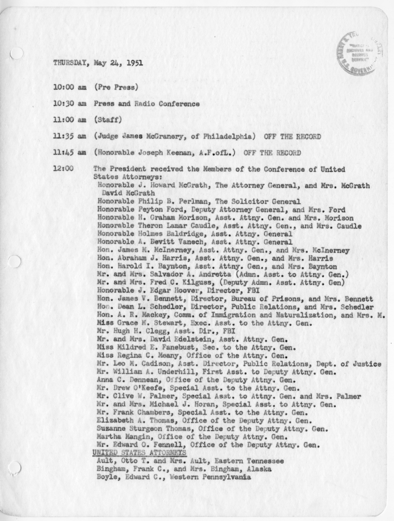 Daily Appointment Sheet for President Harry S. Truman