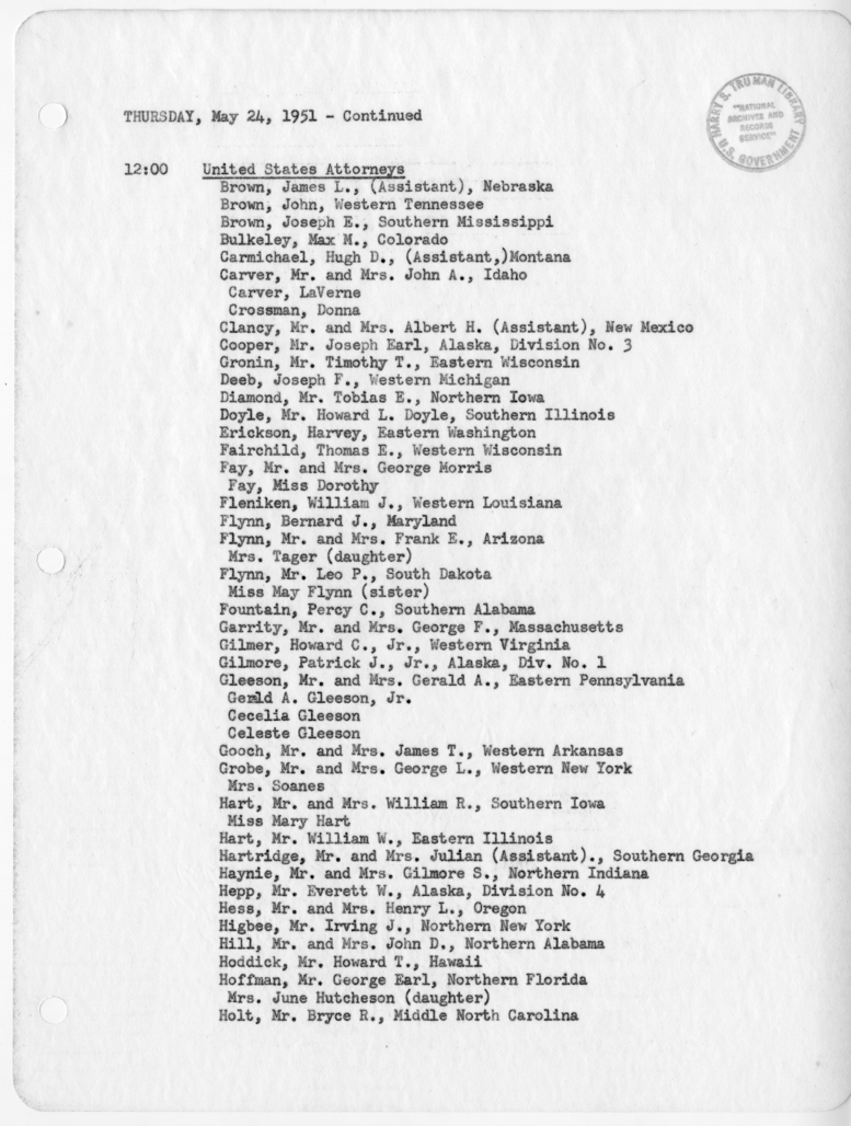 Daily Appointment Sheet for President Harry S. Truman