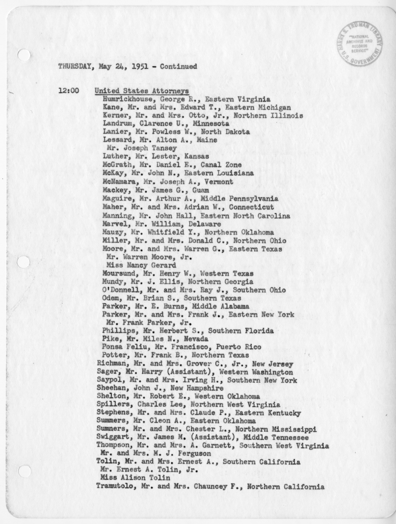 Daily Appointment Sheet for President Harry S. Truman