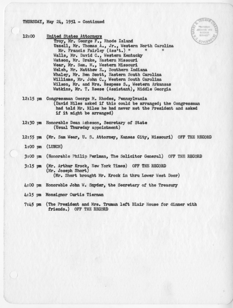 Daily Appointment Sheet for President Harry S. Truman