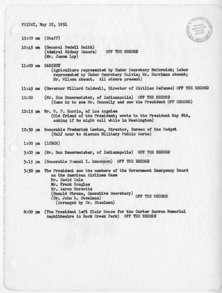 Daily Appointment Sheet for President Harry S. Truman