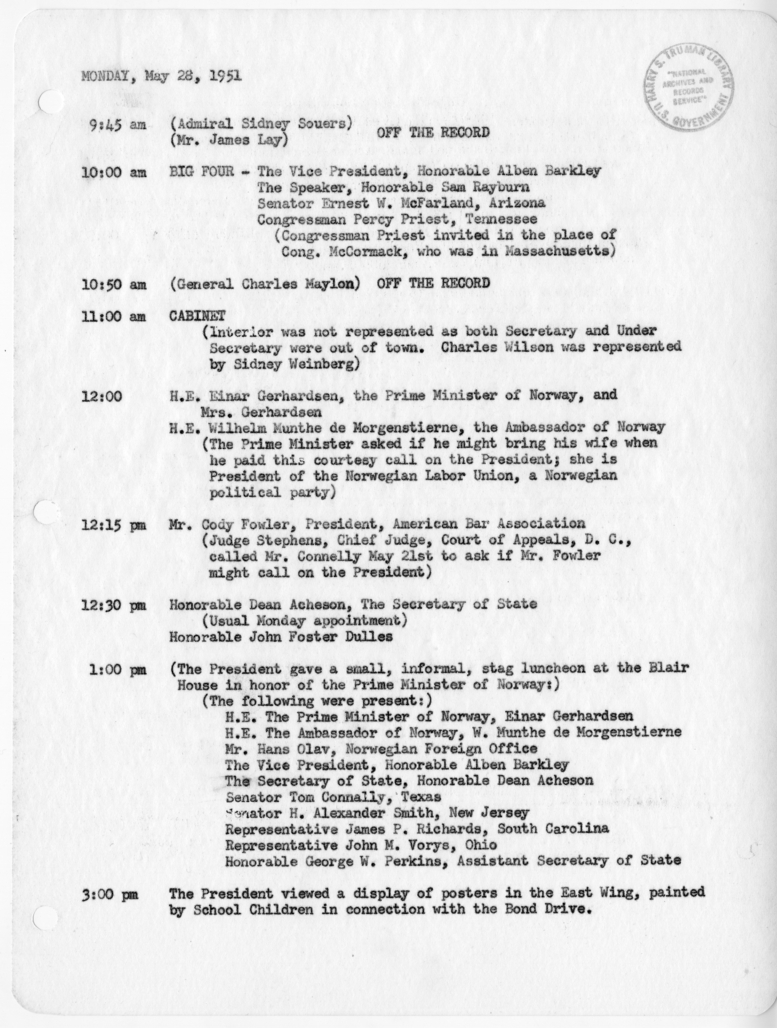 Daily Appointment Sheet for President Harry S. Truman