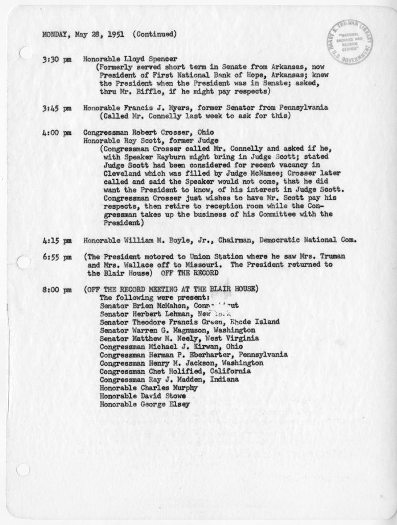 Daily Appointment Sheet for President Harry S. Truman