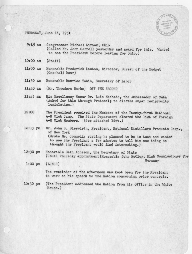 Daily Appointment Sheet for President Harry S. Truman