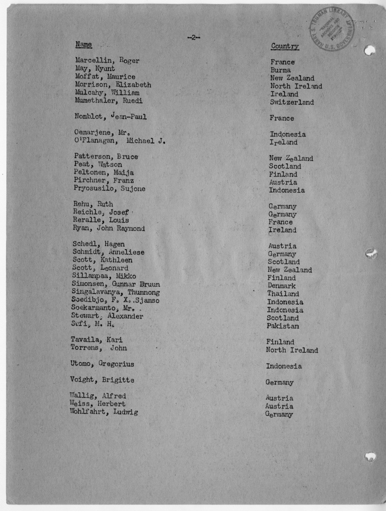Daily Appointment Sheet for President Harry S. Truman