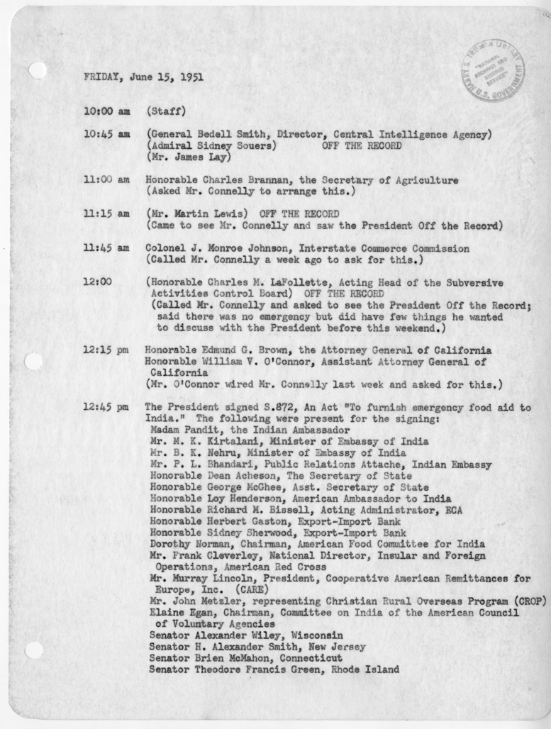 Daily Appointment Sheet for President Harry S. Truman