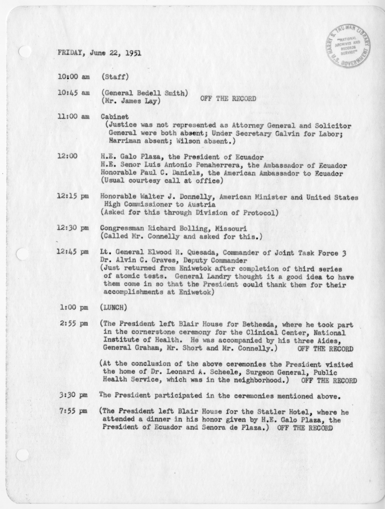 Daily Appointment Sheet for President Harry S. Truman