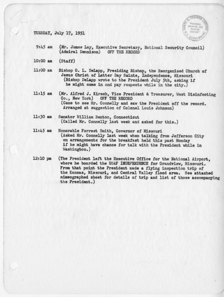 Daily Appointment Sheet for President Harry S. Truman