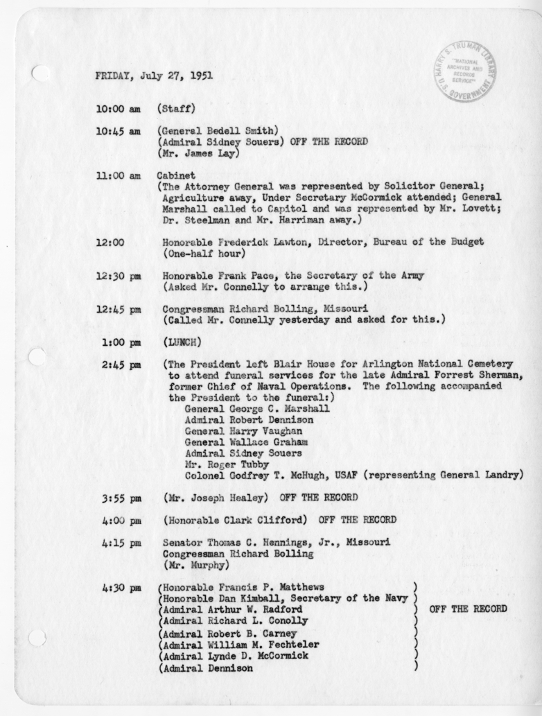 Daily Appointment Sheet for President Harry S. Truman