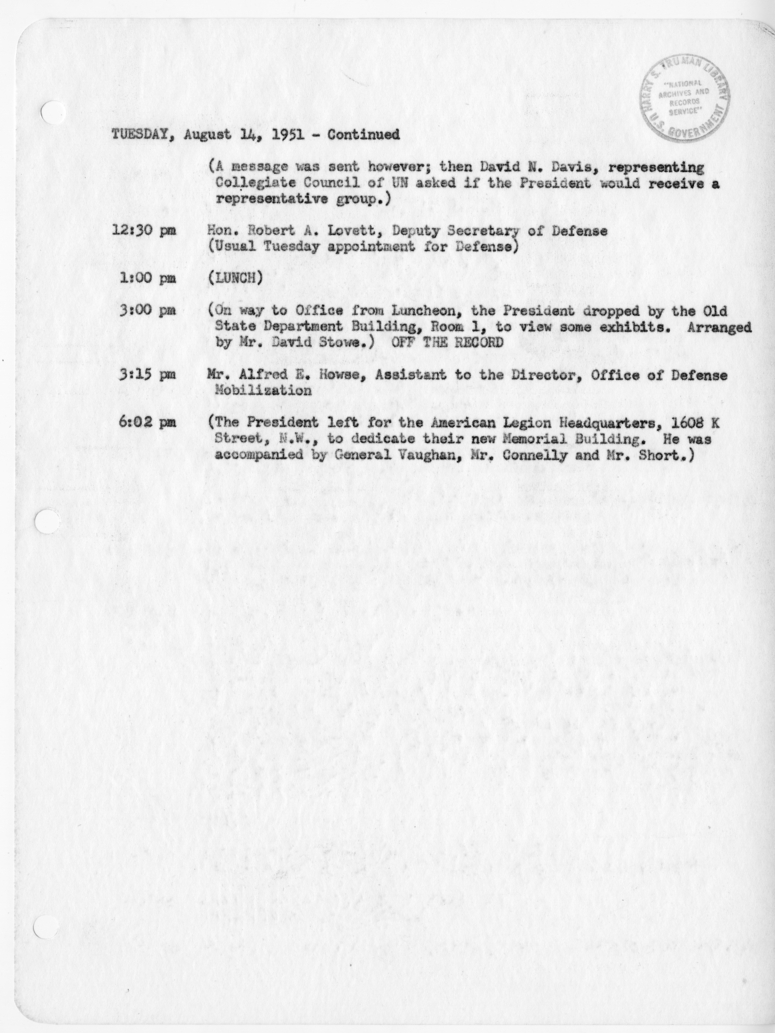 Daily Appointment Sheet for President Harry S. Truman