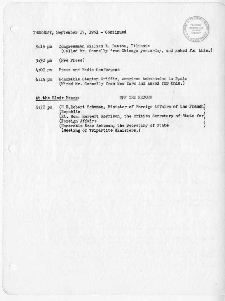 Daily Appointment Sheet for President Harry S. Truman