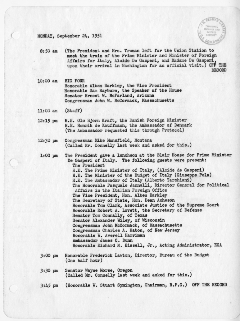 Daily Appointment Sheet for President Harry S. Truman