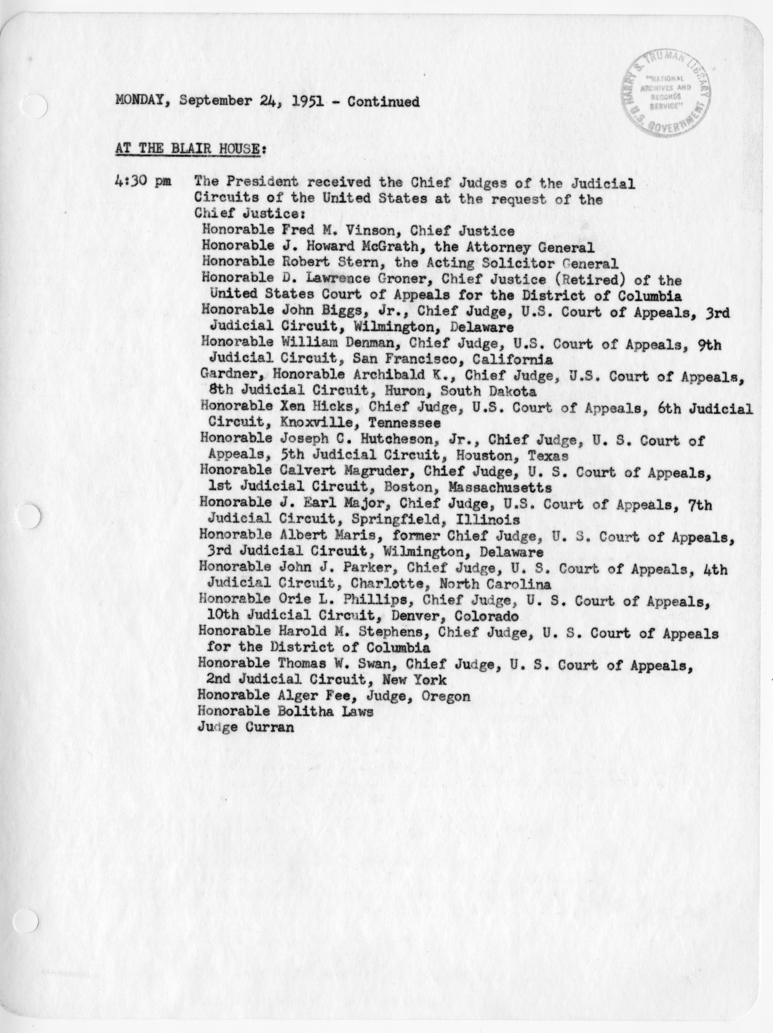 Daily Appointment Sheet for President Harry S. Truman