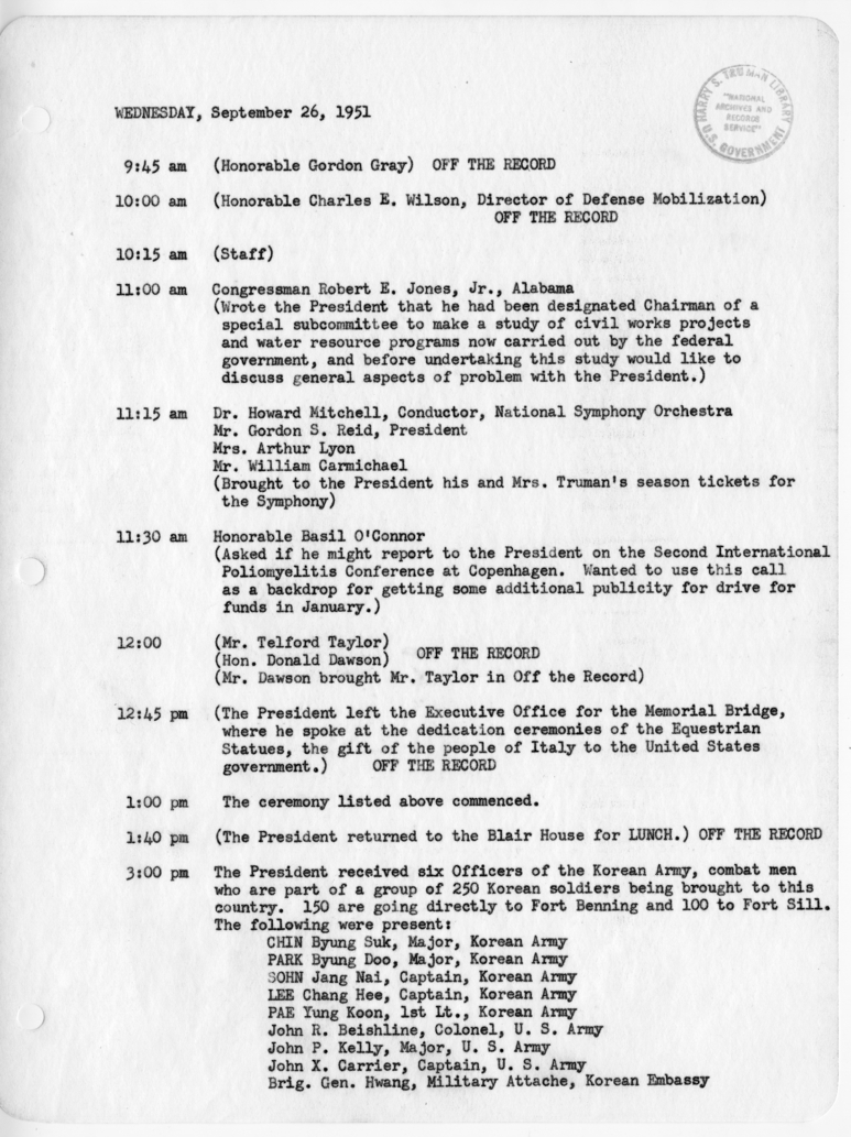 Daily Appointment Sheet for President Harry S. Truman