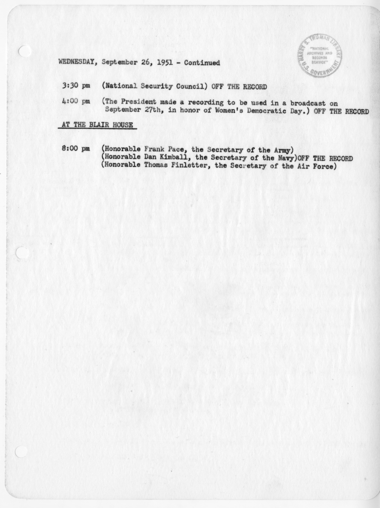 Daily Appointment Sheet for President Harry S. Truman
