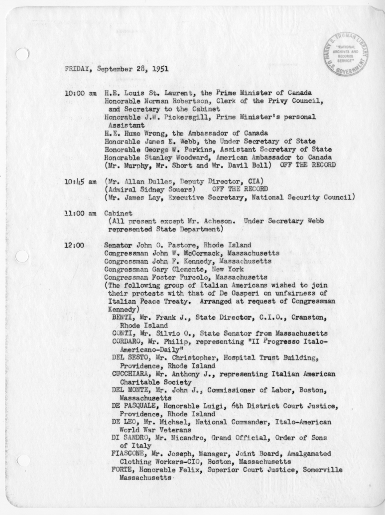 Daily Appointment Sheet for President Harry S. Truman