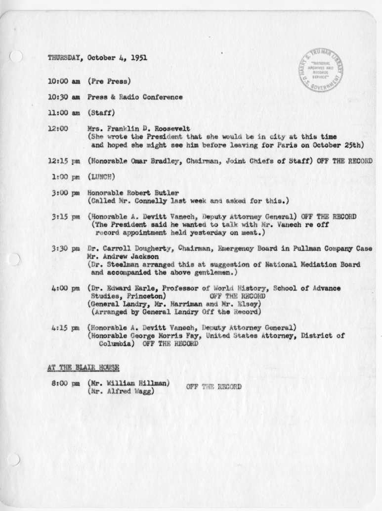 Daily Appointment Sheet for President Harry S. Truman