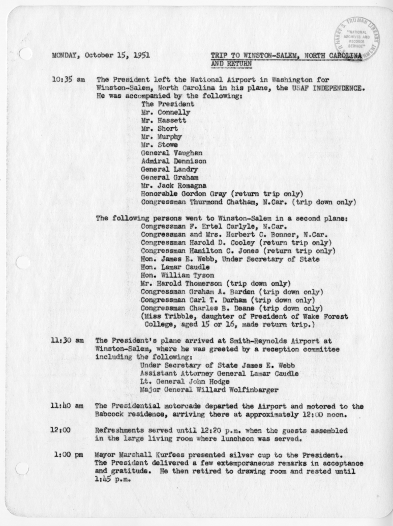 Daily Appointment Sheet for President Harry S. Truman
