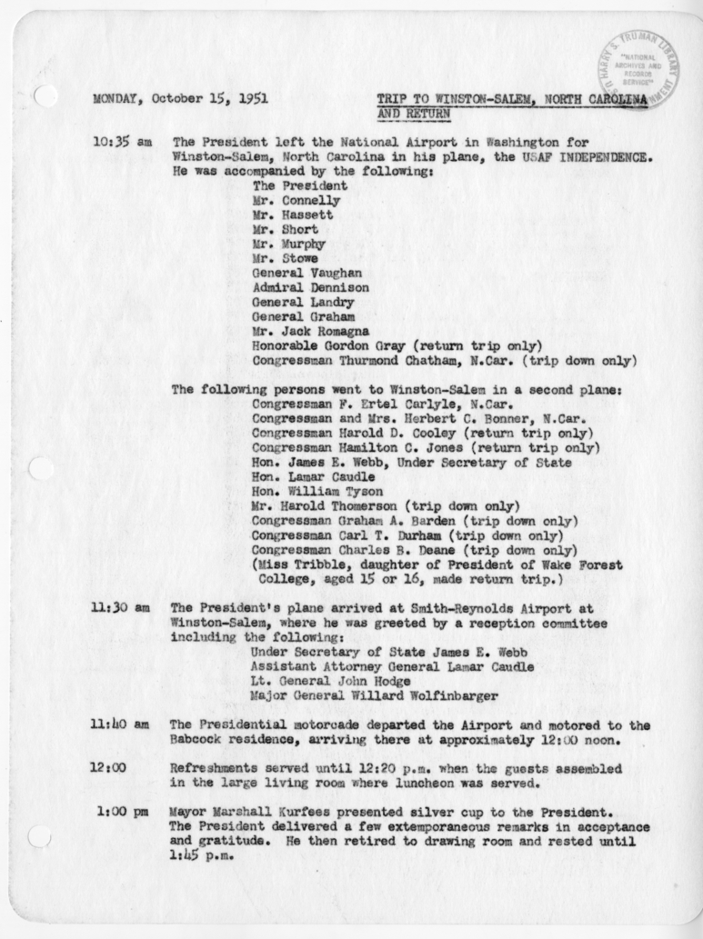 Daily Appointment Sheet for President Harry S. Truman