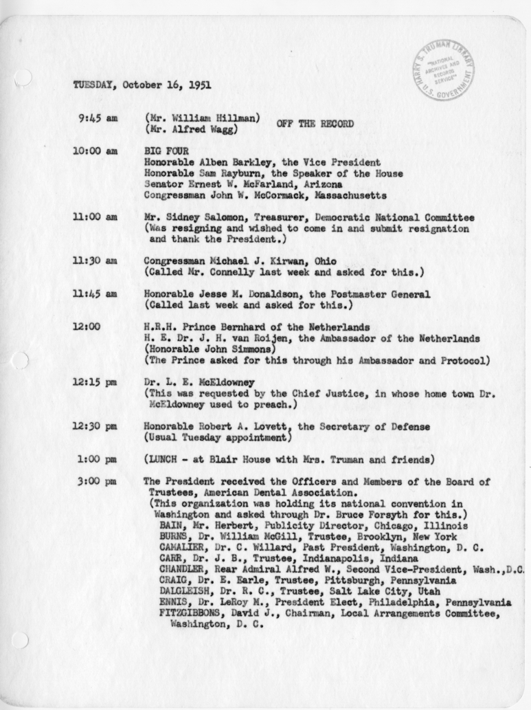 Daily Appointment Sheet for President Harry S. Truman