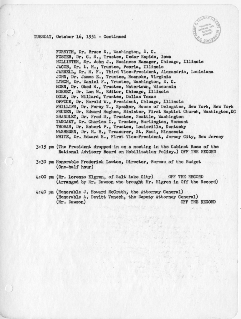 Daily Appointment Sheet for President Harry S. Truman