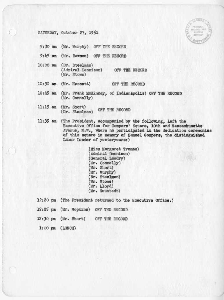 Daily Appointment Sheet for President Harry S. Truman