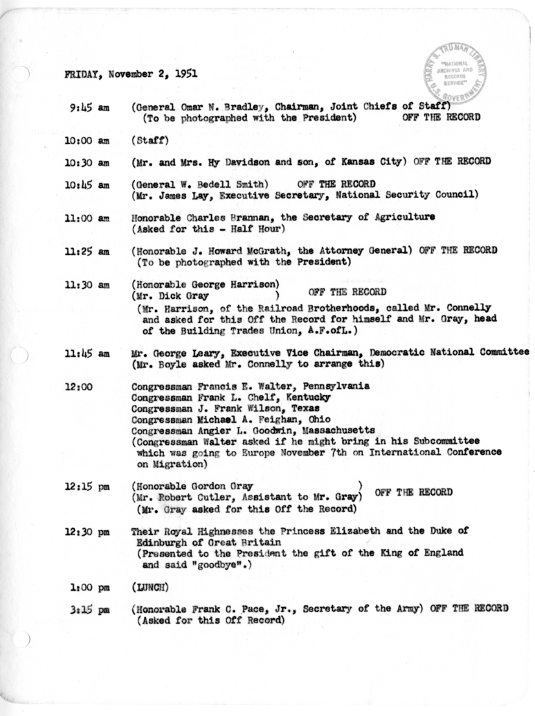 Daily Appointment Sheet for President Harry S. Truman