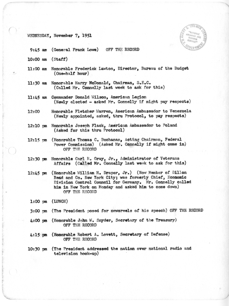 Daily Appointment Sheet for President Harry S. Truman