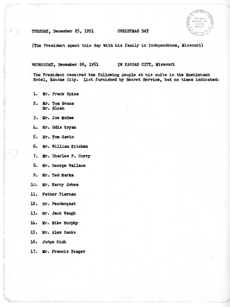 Daily Appointment Sheet for President Harry S. Truman