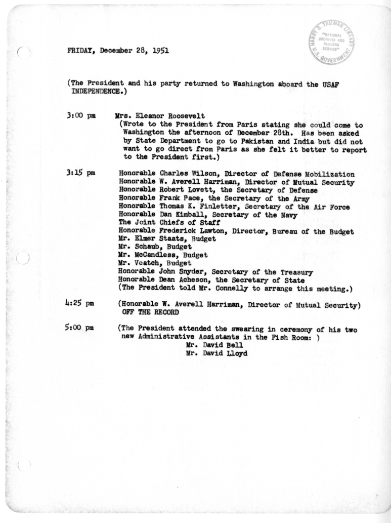 Daily Appointment Sheet for President Harry S. Truman