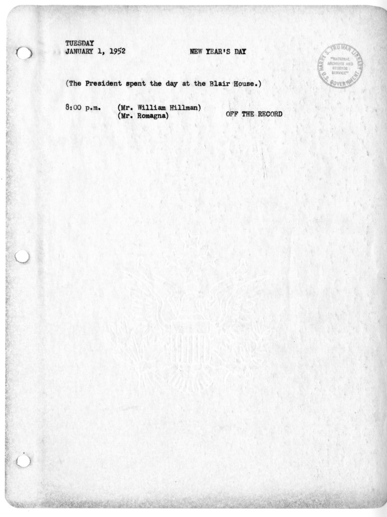Daily Appointment Sheet for President Harry S. Truman