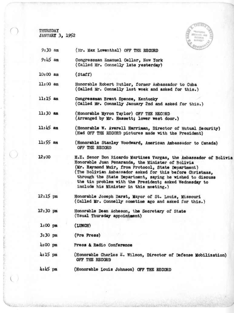 Daily Appointment Sheet for President Harry S. Truman