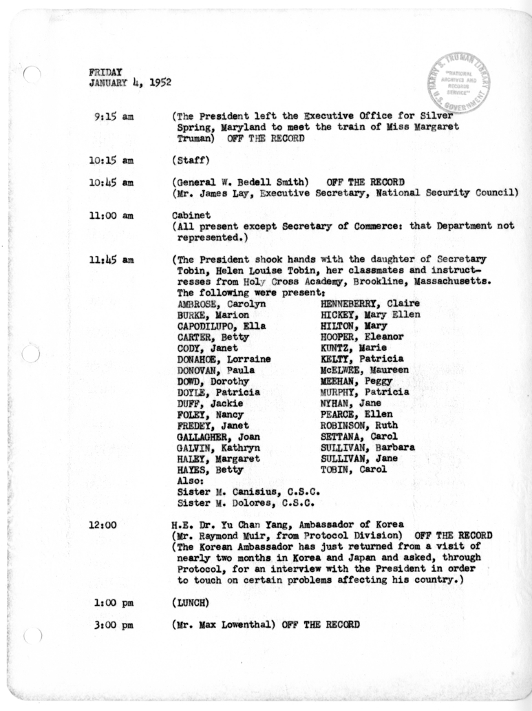 Daily Appointment Sheet for President Harry S. Truman