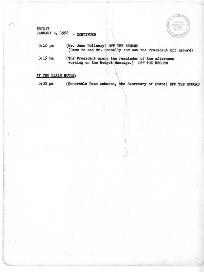 Daily Appointment Sheet for President Harry S. Truman