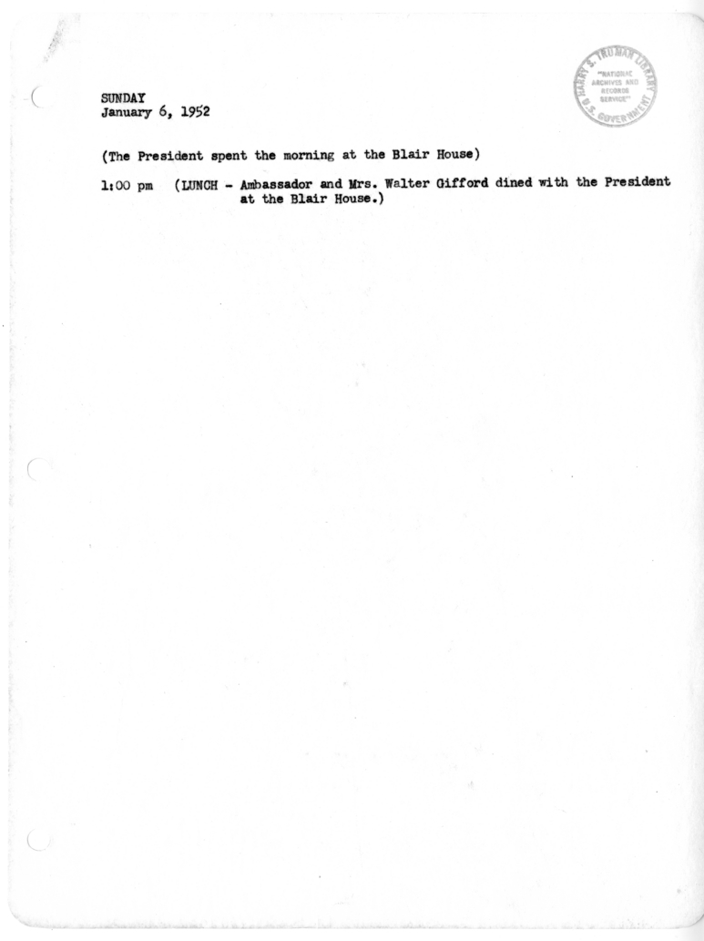 Daily Appointment Sheet for President Harry S. Truman