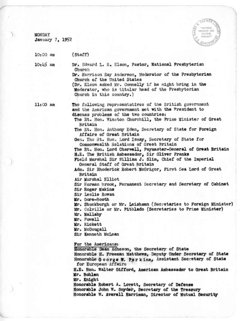 Daily Appointment Sheet for President Harry S. Truman