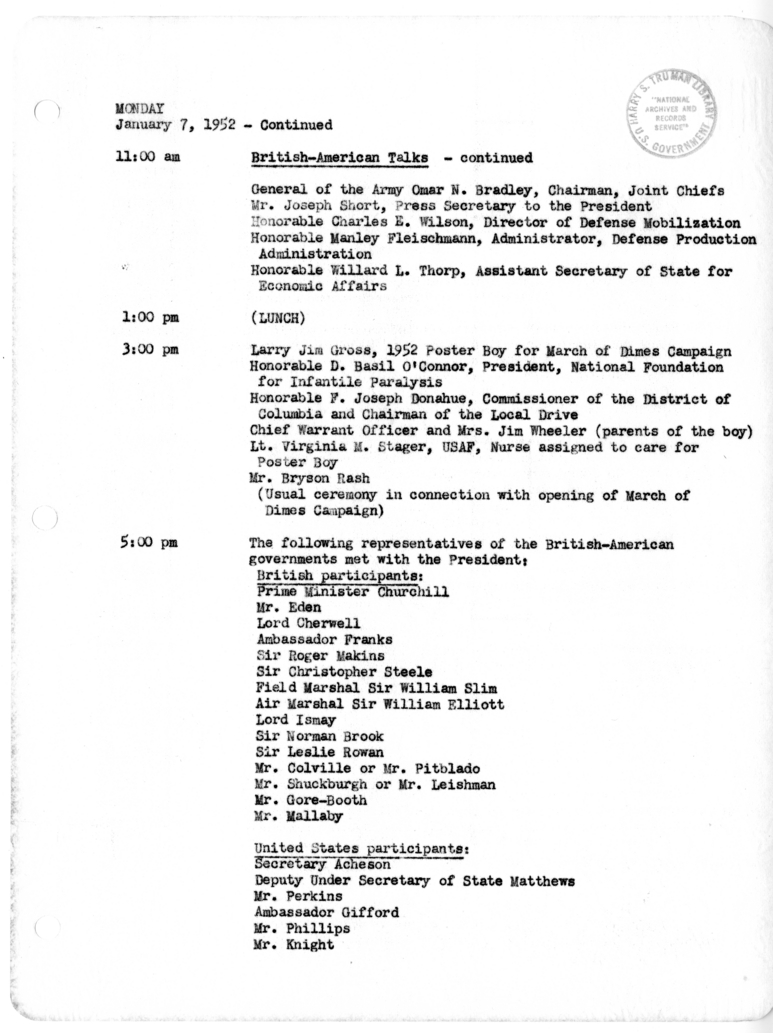Daily Appointment Sheet for President Harry S. Truman