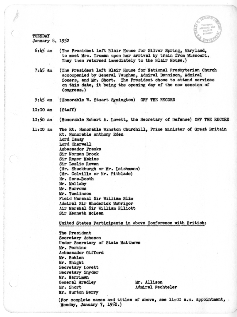 Daily Appointment Sheet for President Harry S. Truman