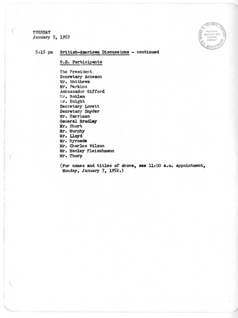 Daily Appointment Sheet for President Harry S. Truman